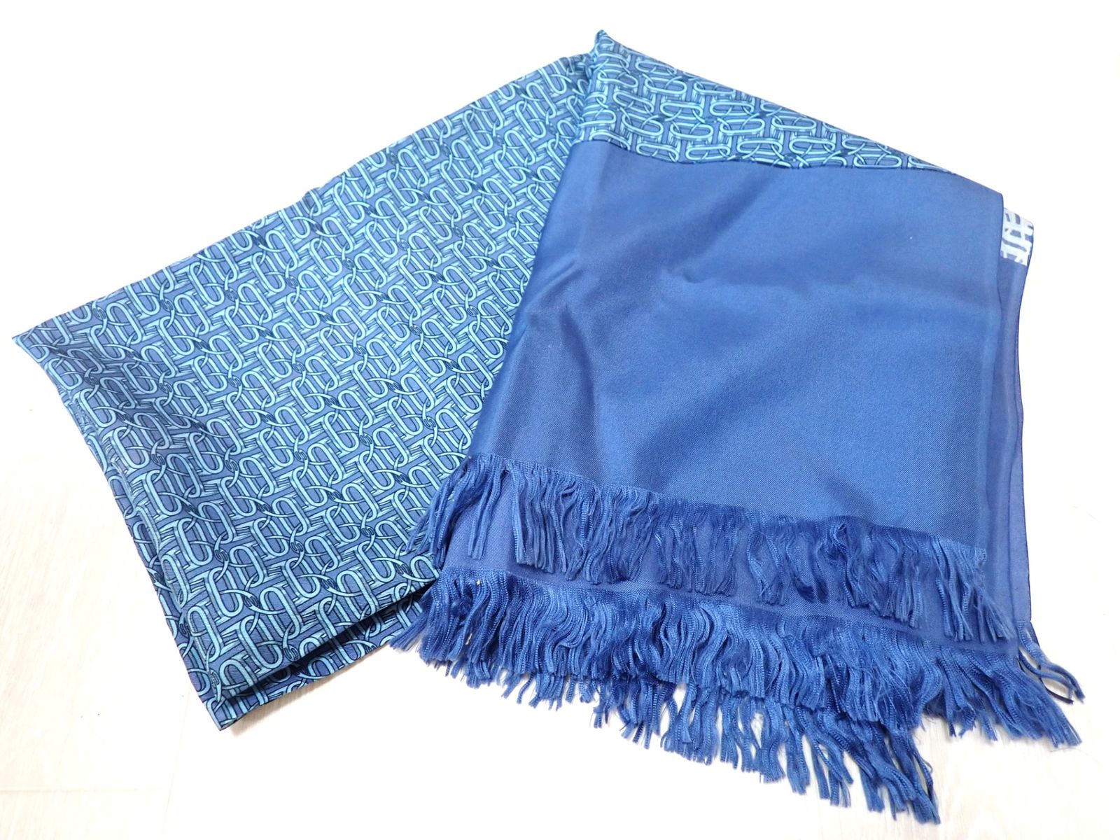 HERMES エルメス シルク ショール スカーフ 大判 タグあり ブルー系カラー