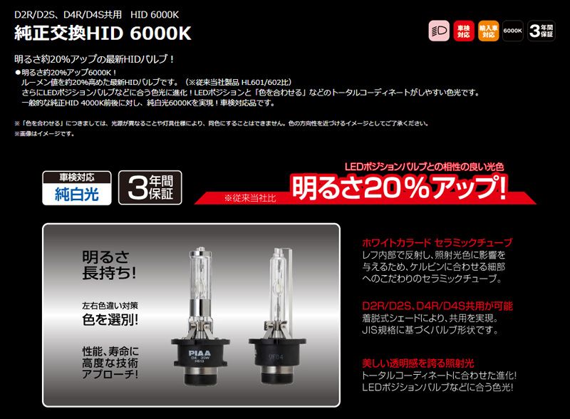 PIAAピアHL603純正交換HIDホワイト純白光6000K/明るさ3000lm車検対応D2S/D2R共用タイプ12V・24V対応3年保証 メルカリ