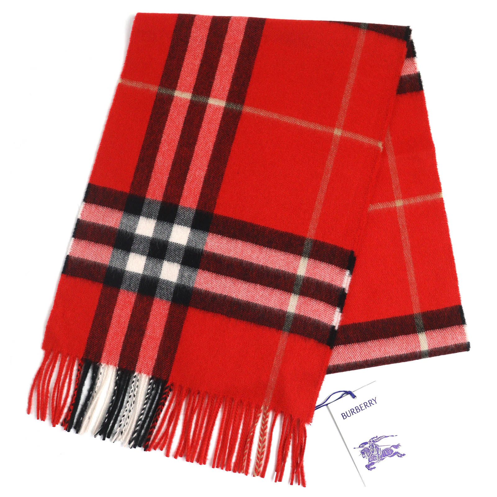 △BURBERRY バーバリー 8077883 カシミヤ100％ チェック柄 フリンジ マフラー レッド ブラック ホワイト系 168×30cm スコットランド製 レディース ◎