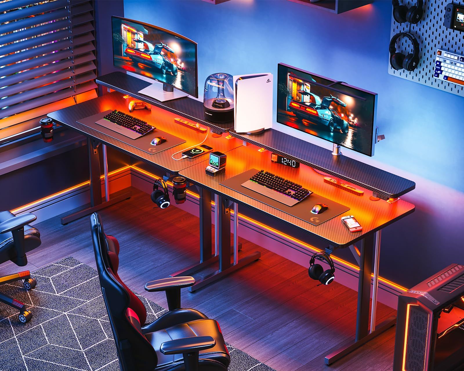 ゲーミングデスク LEDライト付き MOTPK ゲーミングテーブル PCデスク 炭素繊維天板 モニター台付き パソコンデスク フック付き コンセント付き ゲーミング机 ゲームデスク 幅80cm 奥行50cm 高さ75cm ブラック MARWIL-DEMENAGEMENTS_CH