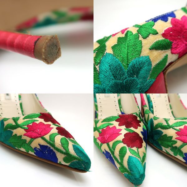 マノロブラニク 刺繍 花柄 ハイヒール パンプス レザーベルト