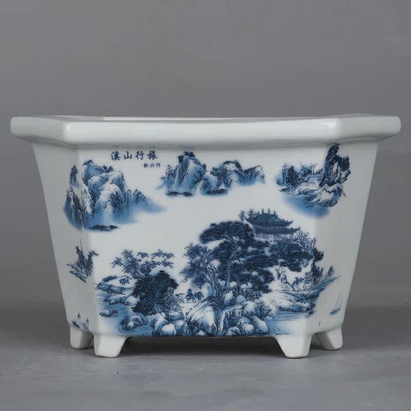 青花磁器六方鉢 盆栽鉢 中国鉢 植木鉢 多肉植物鉢 小品盆栽鉢 山野草鉢 青花渓山行旅山水紋六方鉢 多肉菖蒲盆栽 植木鉢 小品盆栽鉢 大品