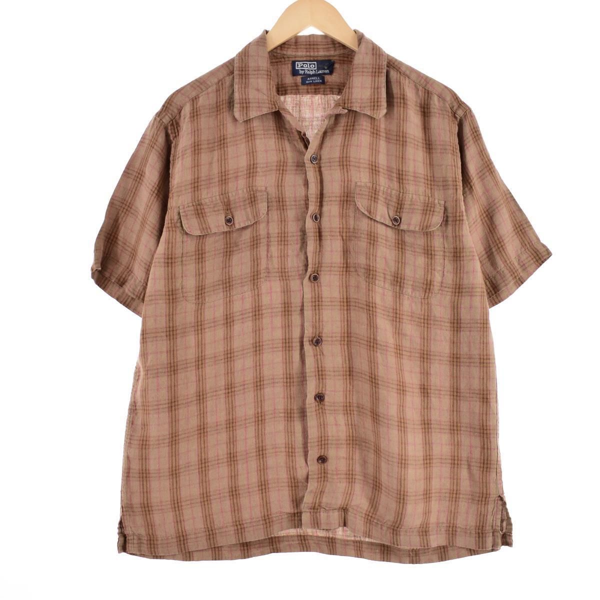 ★送料無料★オールド ポロ ラルフローレン リネン混 オープンカラー半袖チェックシャツ Mサイズ 90s オールド POLO ポロ ラルフローレン チェック