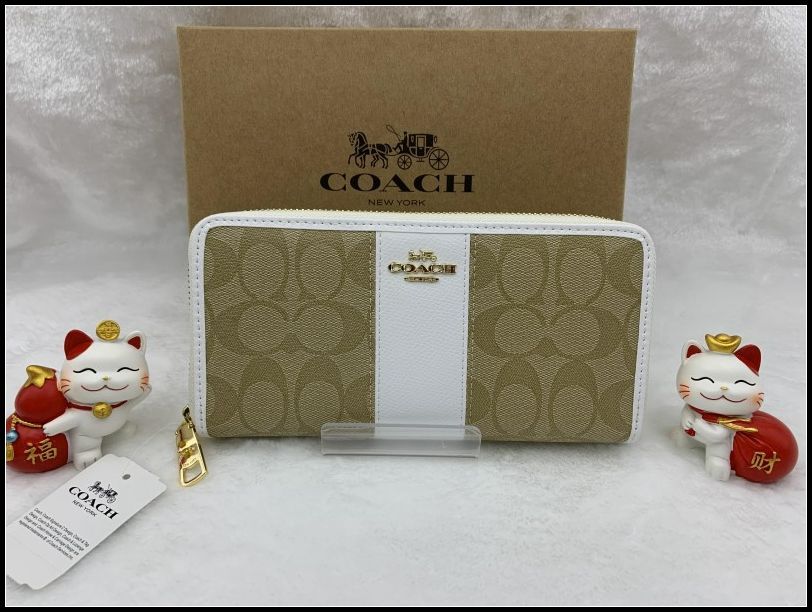 COACH 長財布 コーチ 財布 カーキ×ホワイト ストライプ エレガント ラウンドファスナー ウォレット アウトレット プレゼント シグネチャー ロング ジップ 新品未使用 ファッション  F52859 A307Z-7