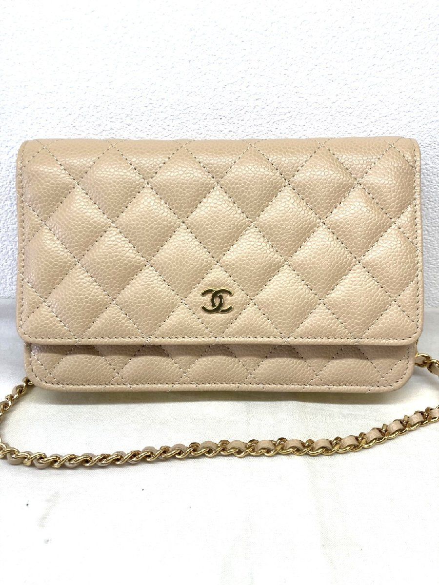 シャネル マトラッセ チェーンウォレット AP0250 ベージュ ゴールド金具 キャビアスキン ランダムプレート財布 CHANEL □ 7H7I