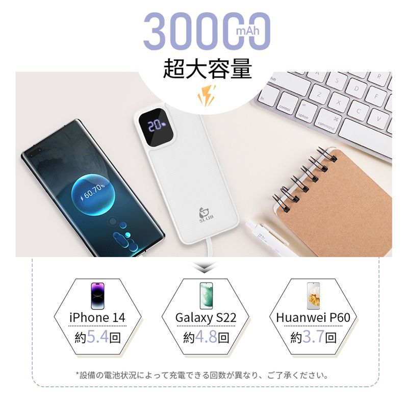 モバイルバッテリー 30000mAh大容量 2本ケーブル内蔵 iPhone17