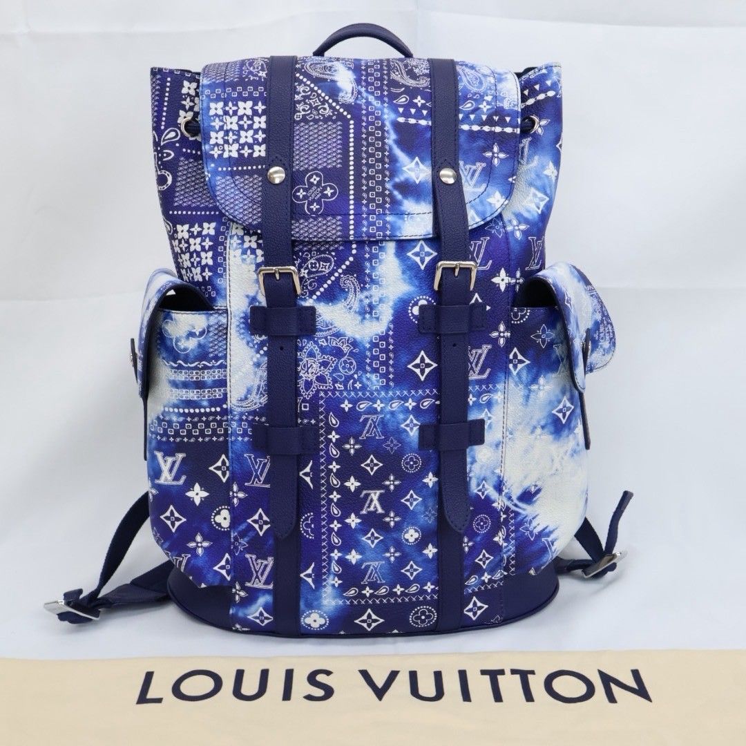 LOUIS VUITTON クリストファー MM バックパック モノグラムバンダナ M20554 ブルー シルバー金具 PVCコーティングキャンバス RFID