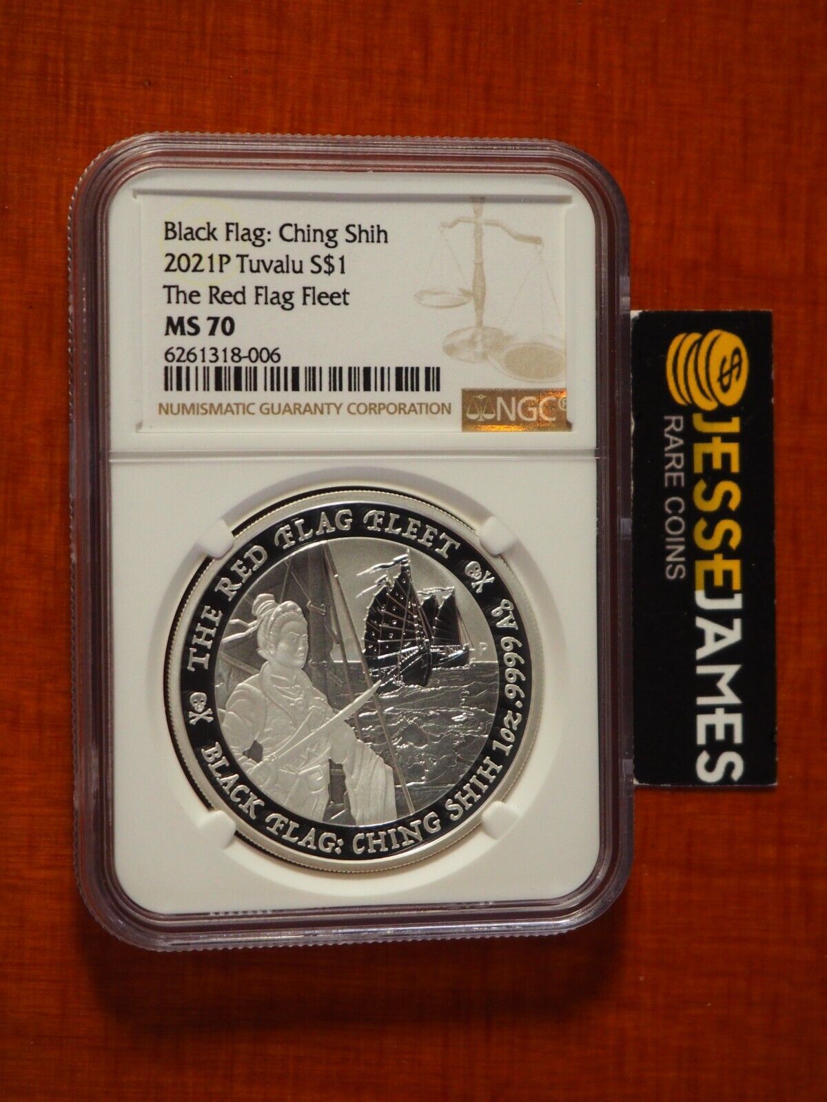 2021 P $1 TUVALU SILVER BLACK FLAG CHING SHIH NGC MS70 BROWN LABEL 1 OZ .9999