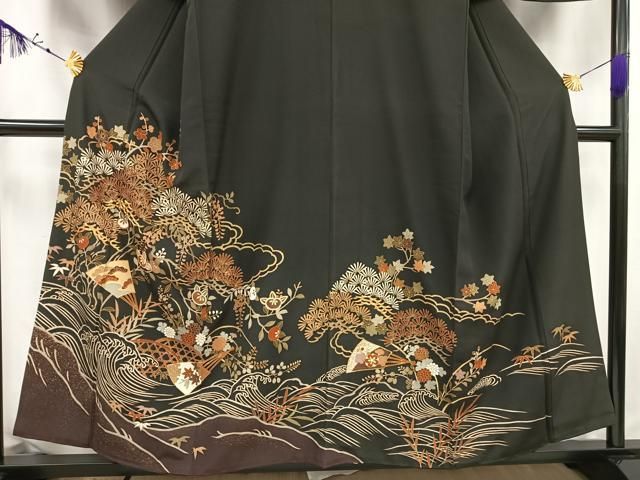 平和屋着物□豪華黒留袖 駒刺繍 扇面草花文 金彩 正絹 逸品 AAAU9105mf