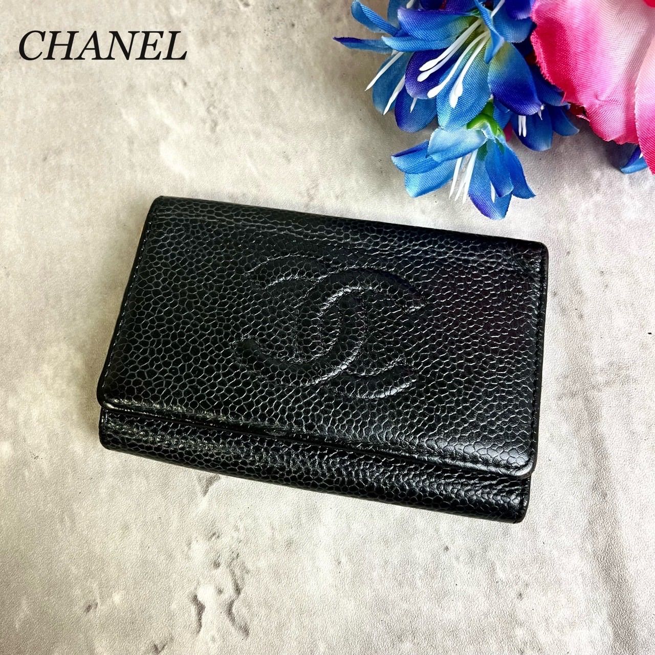 良品 CHANEL シャネル 6連キーケース ココマーク デカロゴ ゴールド金具 ギャランティー カード 定期入れ カードケース キャビアスキン レザー レディース ブラック 黒色