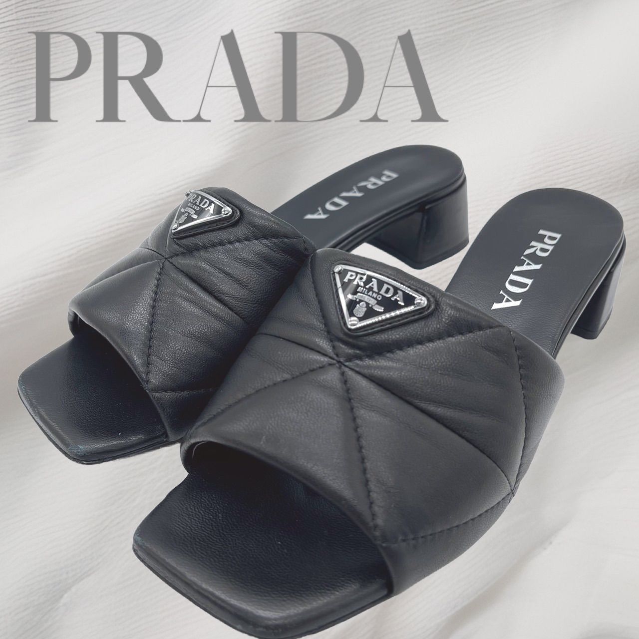 【美品】PRADA キルトナッパレザー スライドサンダルレザー ミュール 黒size36 23.0cm プラダ サンダル