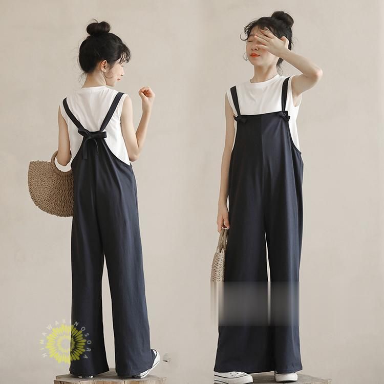 子供服 セットアップ キッズ 女の子 夏 2点セット 上下セット Tシャツ 無地 ノースリーブ ロングパンツ サロペット ジュニア おしゃれ カジュアル
