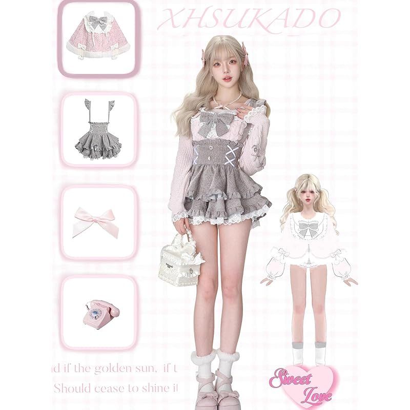ＸＨＳＵＫＡＤＯ 3点セット レディース オープンショルダー 肩出し セーター コート ミニスカート リボン 地雷系 量産型 セットアップ ティアード ガーリー系 ロリータ モコモコ レース 夢かわいい 長袖 厚手 女の子 少女 春 秋 冬 1 WWW_USTAUSTRALIA_COM_AU