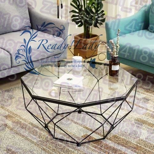 八角形の錬鉄製のコーヒーテーブル、透明な強化ガラス、家庭用リビング