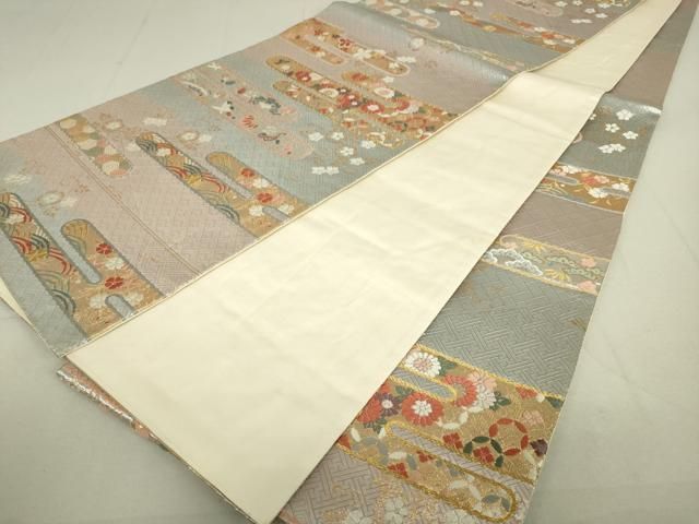 平和屋着物●六通柄袋帯　エ霞流水花鳥文　本金箔　正絹　逸品　BAAN4216ea 平和屋着物◎六通柄袋帯 エ霞吉祥花文 金銀糸 引箔 正絹 逸品