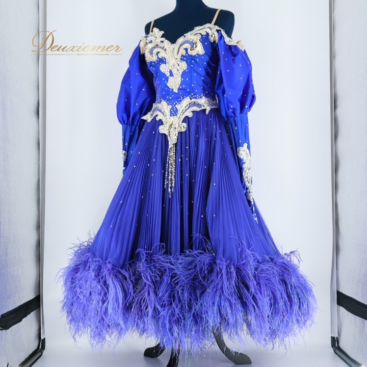 青色のファー付き社交ダンスドレス 美品 社交ダンス衣装】ブルー
