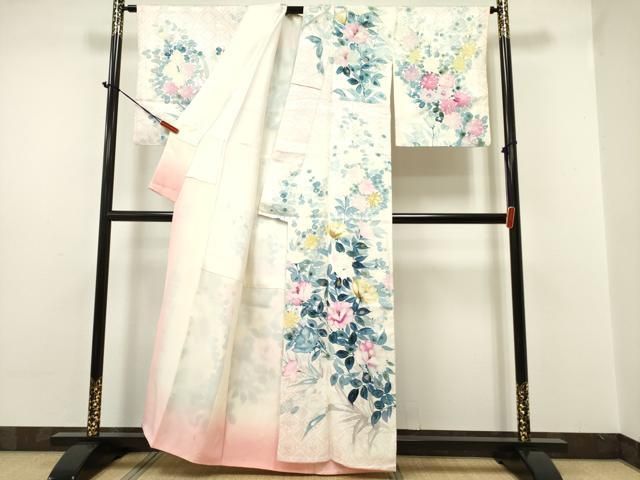 平和屋着物●訪問着　友禅　流水鴛鴦花文　暈し染め　正絹　逸品　AABB0076zg 平和屋着物○訪問着 友禅 鴛鴦花蝶文 暈し染め 金彩 正絹