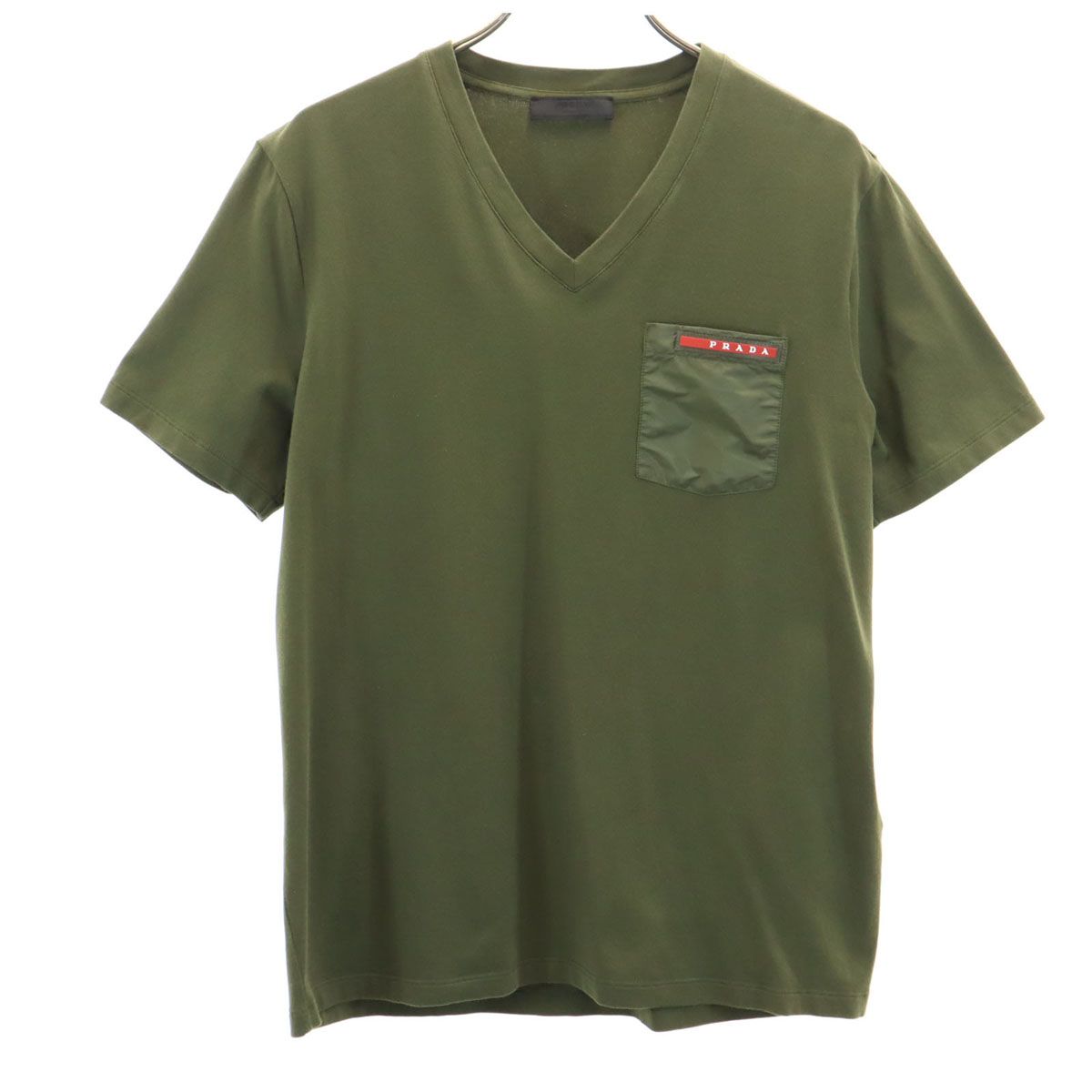 PRADA プラダ 半袖 Vネック Tシャツ S カーキ ポケT メンズ 古着-販売 