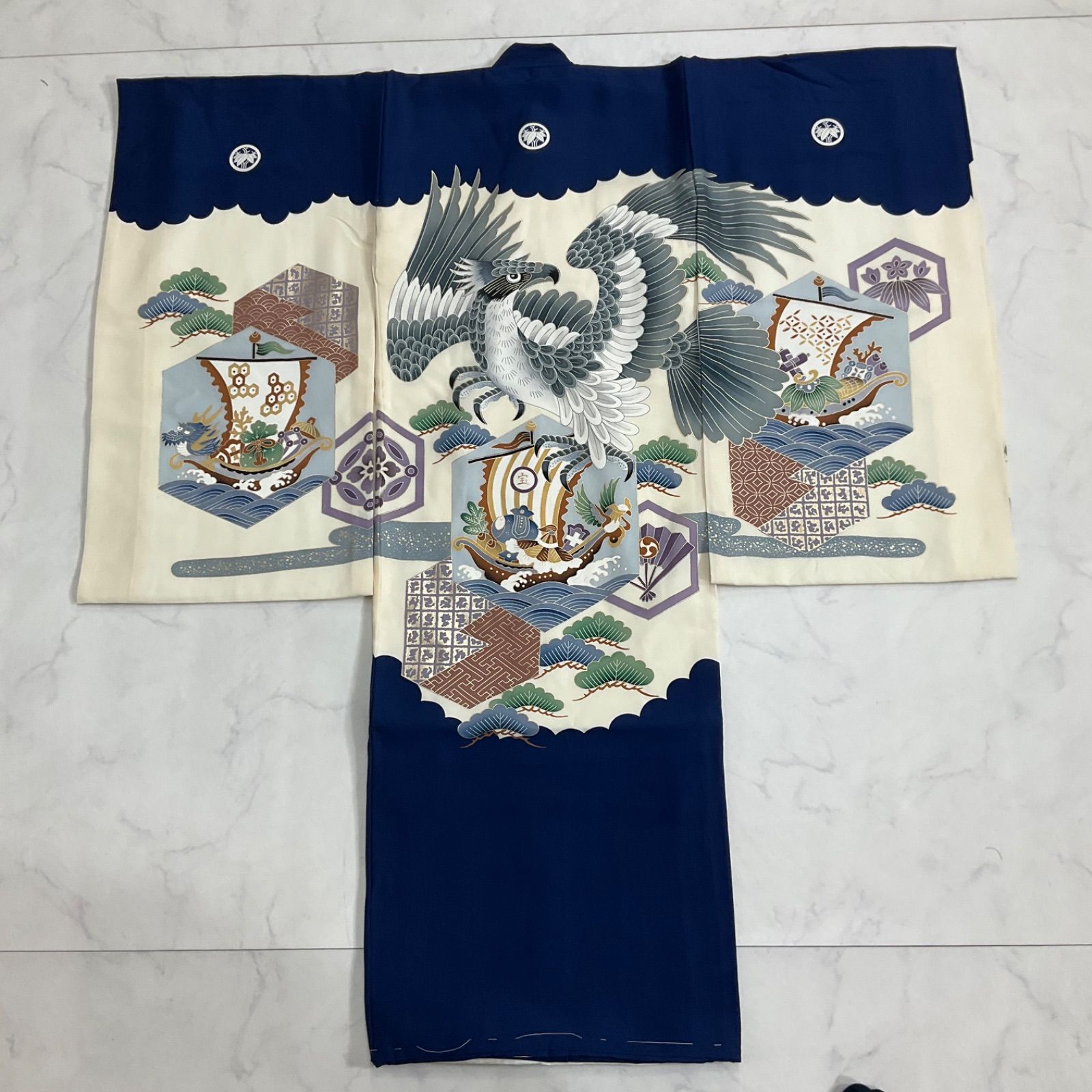 ◆kimono+one◆未使用同然◆産着◆お宮参り◆正絹◆襦袢付き◆仕付け糸付き◆七五三◆３歳用◆男の子着物◆七五三お詣り男の子着物こどものひお正月卒業式◆U25