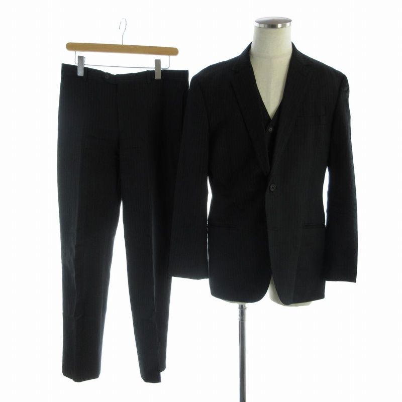 ティノラス MENS TENORAS セットアップ 上下 3点セット 3ピース テーラードジャケット ベスト テーパードパンツ ストライプ 総裏地 センターベント 2B シングル LL XL 黒 ブラック グレー /RO