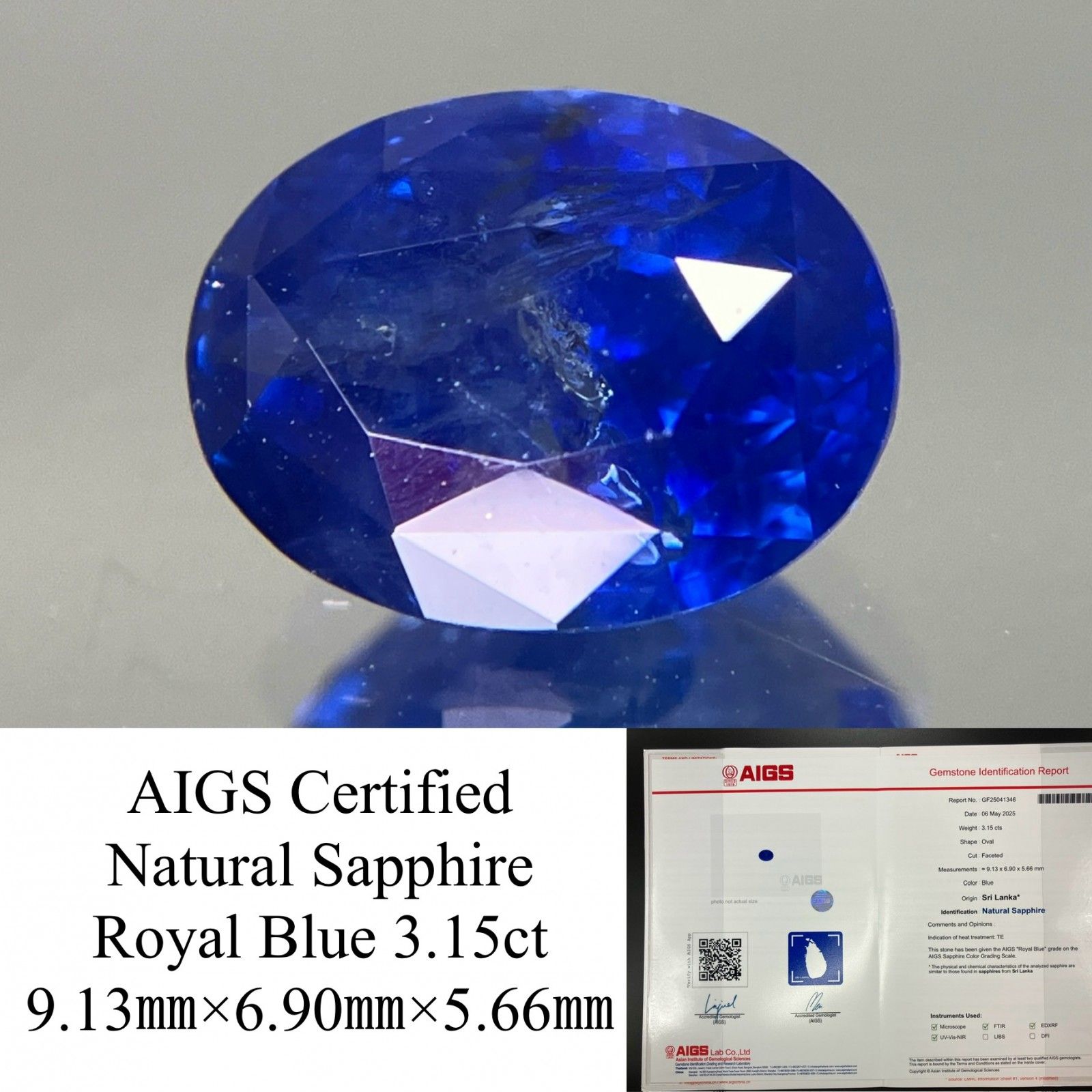 サファイア 3.15ct AIGS鑑別書付き ロイヤルブルー 9.13㎜×6.90㎜×5.66㎜ ルース 裸石 4634YY