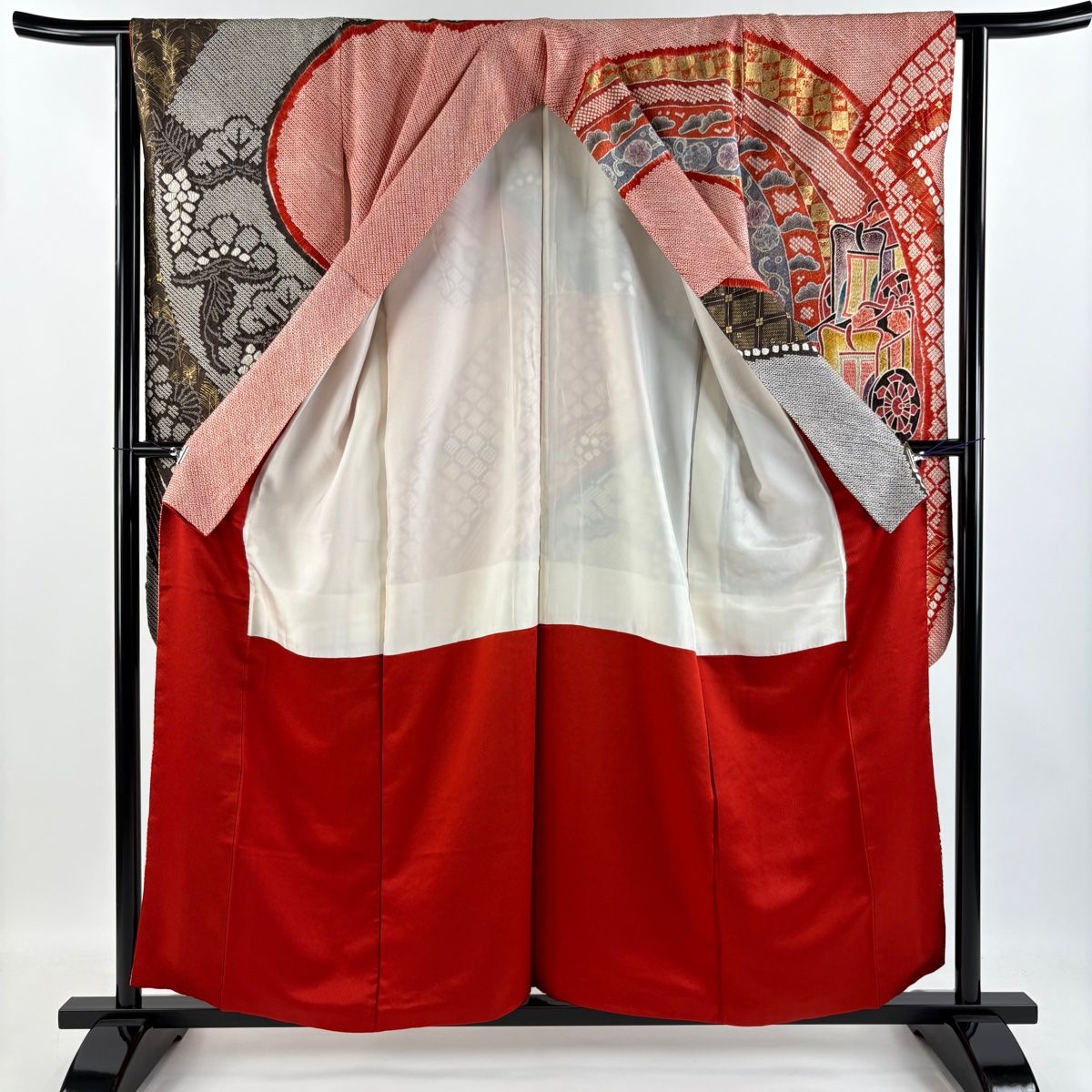 振袖 身丈158cm 裄丈62.5cm S 袷 御所車 松 絞り 金彩 朱色 正絹