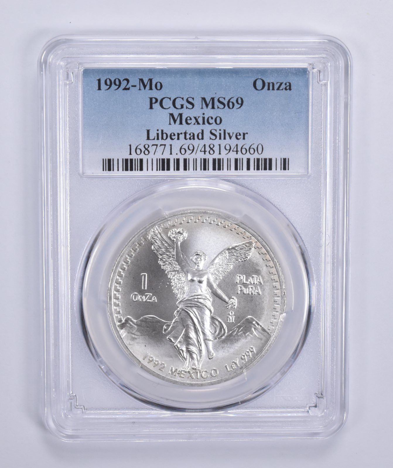1992 Mo メキシコ シルバー 1 オンザ リベルタード MS69 PCGS ブルー ラベル