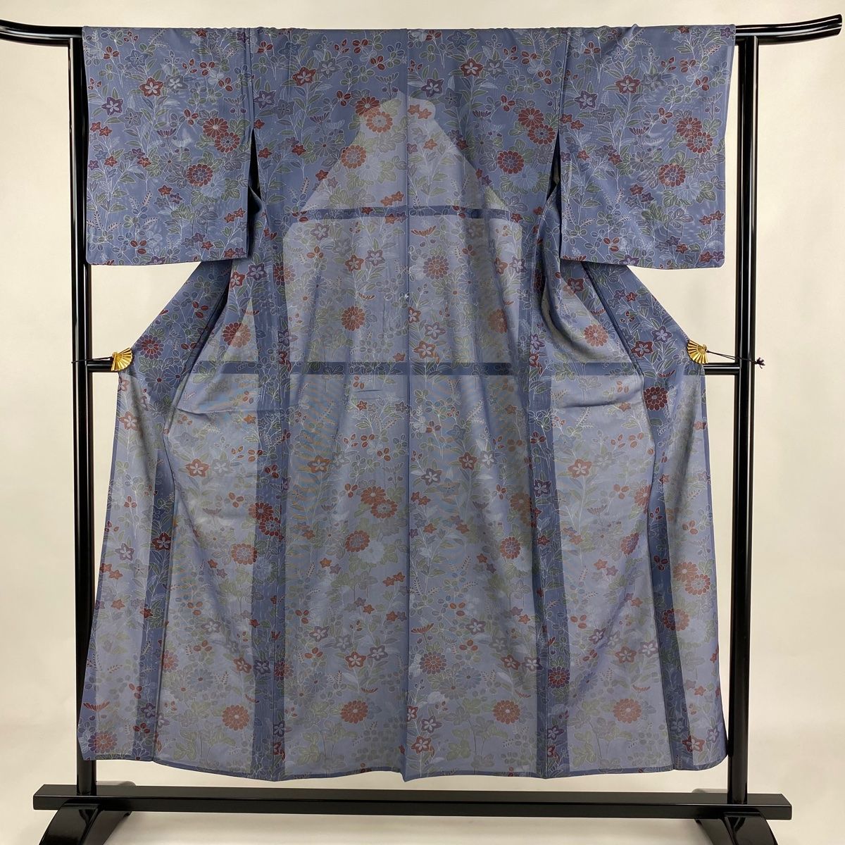 小紋 身丈153cm 裄丈64cm M 薄物 絽 秋草 銀彩 青紫 正絹 秀品