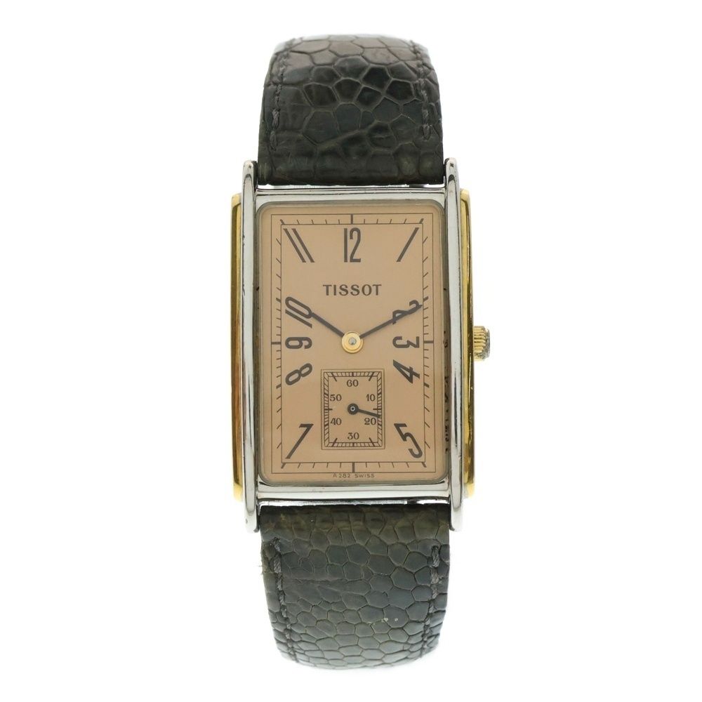 TISSOT ティソ スクエア クオーツ腕時計 ウォッチ グリーン ピンク文字盤 SS×レザー|QZ A222