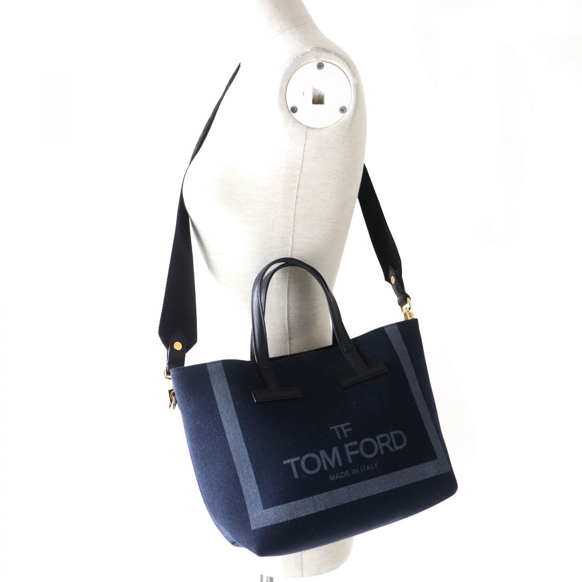 極美品◎イタリア製 TOM FORD トムフォード DENIM MINI T TOTE デニム 2WAY ミニ トートバッグ／ショルダーバッグ  ダークブルー×黒 袋付 - メルカリ