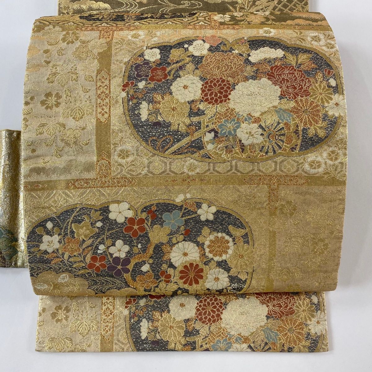 付け帯 秀品 作り帯 花車 草花 金糸 箔 金色 正絹