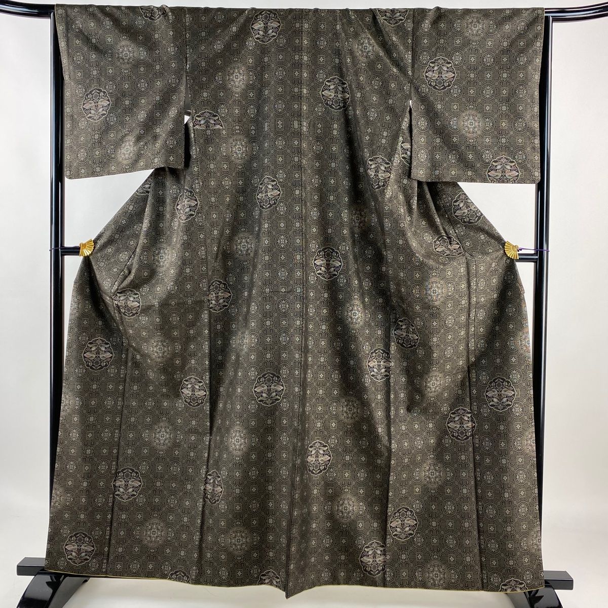 【美品】花織 正絹 単衣 紬 茶色 トールサイズ 訪問着 身丈174cm 裄丈71.5cm 未仕立て 仮絵羽 大島紬地 証紙