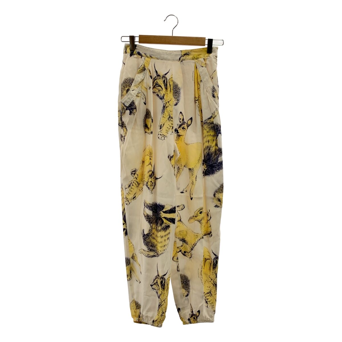 STELLA McCARTNEY ステラマッカートニー silk 100％ シルク 総柄 アニマル サイドジップ スラックス パンツ 36 エクリュ イエロー系 レディース