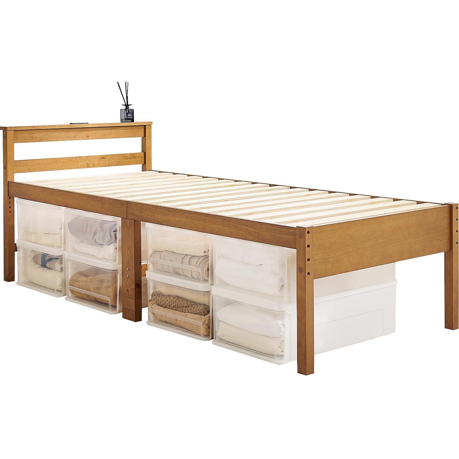 最大 床下 53.5cm 耐荷重 付き 200kg 3段階 コンセント 高さ調節 宮棚 幅98 すのこ 奥行208 天然木 高さ67 シングル ライトブラウン ベッド 1台 萩原 Hagihara MB-5208S-LBR