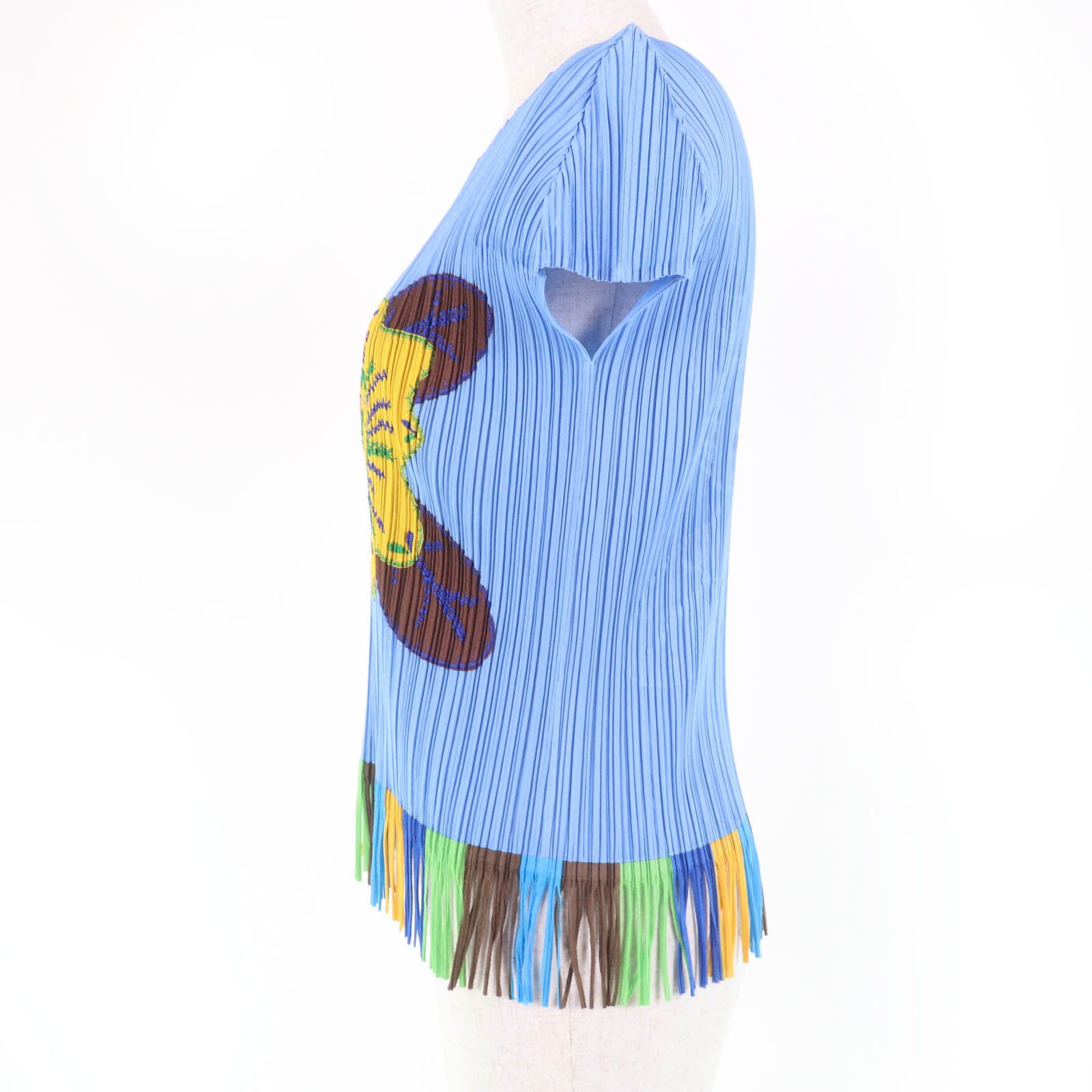 極美品☆PLEATS PLEASE プリーツプリーズ イッセイミヤケ PP91-JK572 トロピカルフラワー フリンジ付 カットソー ブルー系 3 正規品 極美品☆PLEATS PLEASE プリーツプリーズ イッセイミヤケ PP91