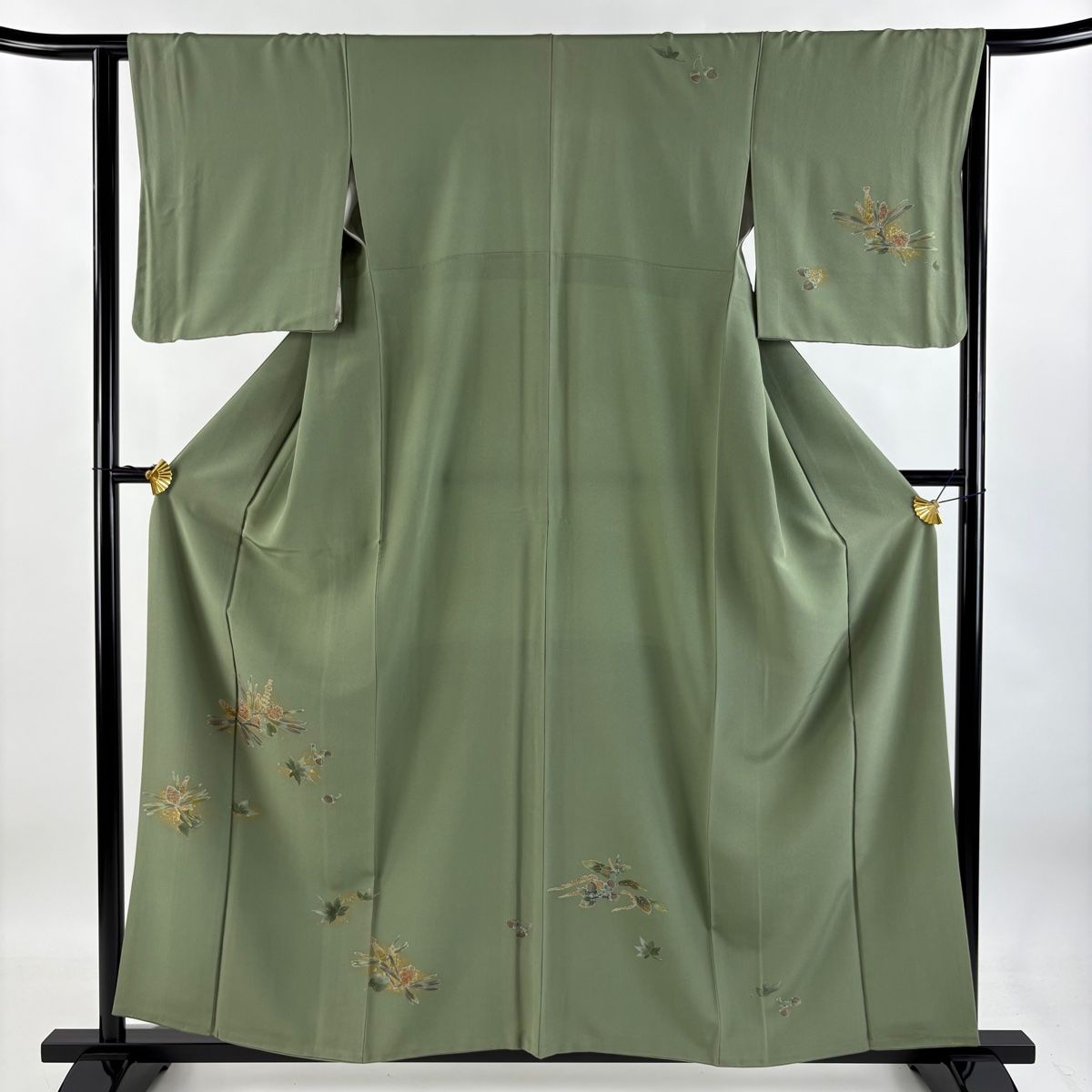 付下げ 身丈158cm 裄丈63.5cm S 袷 松笠 楓 金彩 灰緑 正絹 秀品