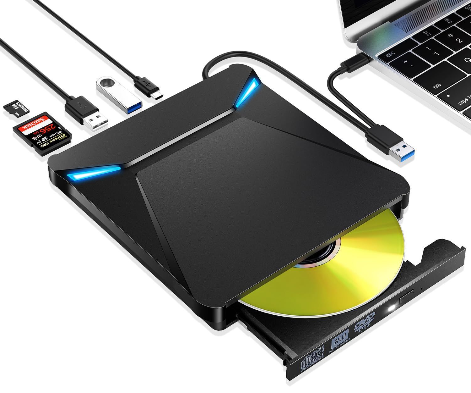 ドライブ 外付け 【2024新モデル・6In1多機能】 CD/プレイヤー 薄型 ポータブルドライブ typeC/USBポート 静音 高速 軽量 スリム コンパクト TFカード/SDカード/CD/読取・書込 デスクトップパソコン対応 日本語取扱説明書付き (ホワ