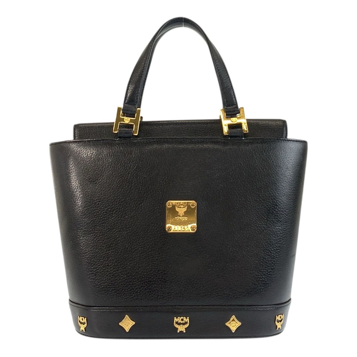 MCM ハンドバッグ ナイロン レザー ゴールド金具 総柄 ブラック 美品 MCM エム シー エム ブラック 黒 ゴールド金具 レザー