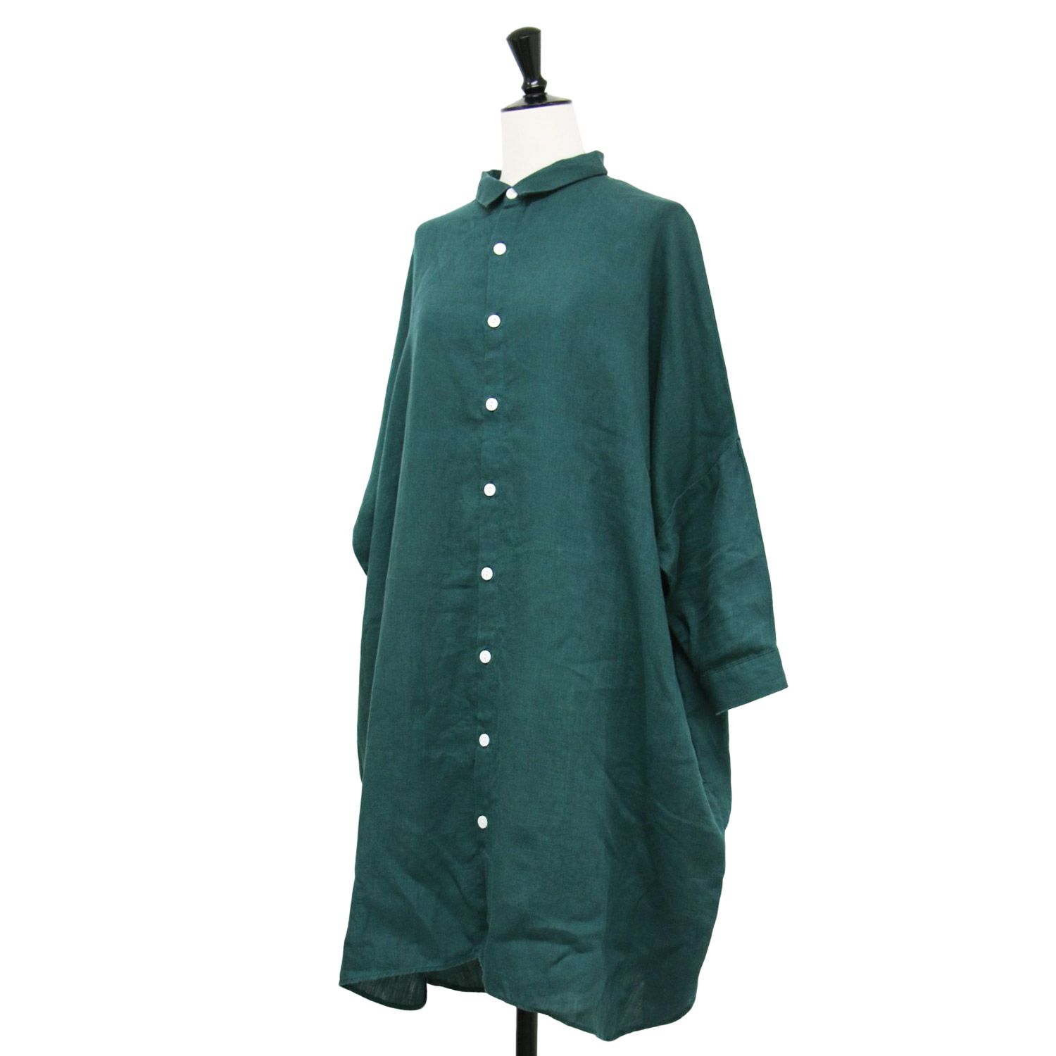 1セット限定 HUIS ハウス シャトルリネン ワンピース 緑 グリーン サイズ ロングシャツ ワンピース 長袖 膝丈 オーバーサイズ ドロップショルダー ロゴ 刺繍 トップス レディース