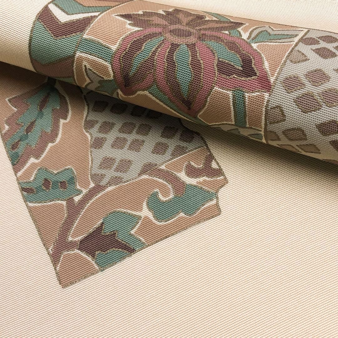 名古屋帯 塩瀬 抽象花唐草模様 染柄 麹色 O-4847 名古屋帯 塩瀬 抽象花唐草模様 染柄 麹色 O-4847