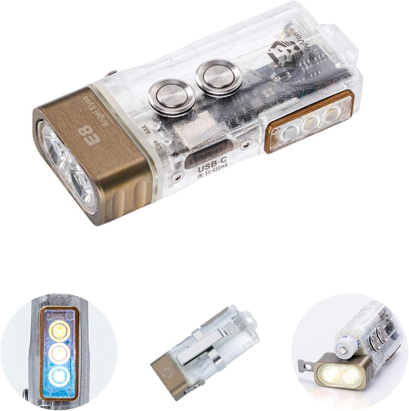RovyVon E8 ハイブリッドバッテリーEDC懐中電灯 6500Kのクールな白と最大700ルーメン USB-C充電式キーチェーン モメンタリ ロック モード 内蔵リポバッテリー|交換 な単4電池 365nm|白