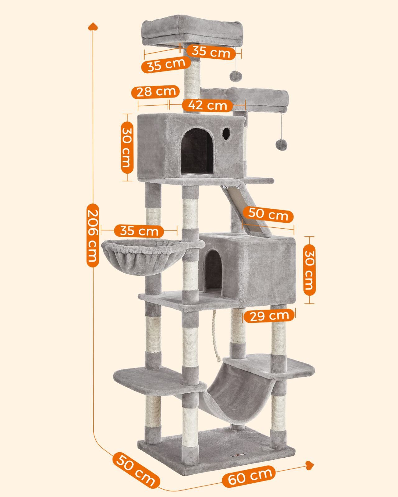 【人気商品】多頭飼い 大型猫用 スリム キャットタワー 安定感 据え置き 人気 ハンモック FEANDREA 転倒防止 高さ206cm PCT190W01