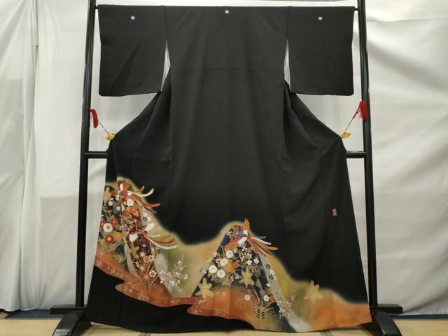 P1104★ 着物淡雪 ★正絹　作家物　五つ紋黒留袖　金彩箔置　典雅な源氏絵 正絹手描き友禅黒留袖・純金箔金彩友禅・金糸縫い取り平安王朝