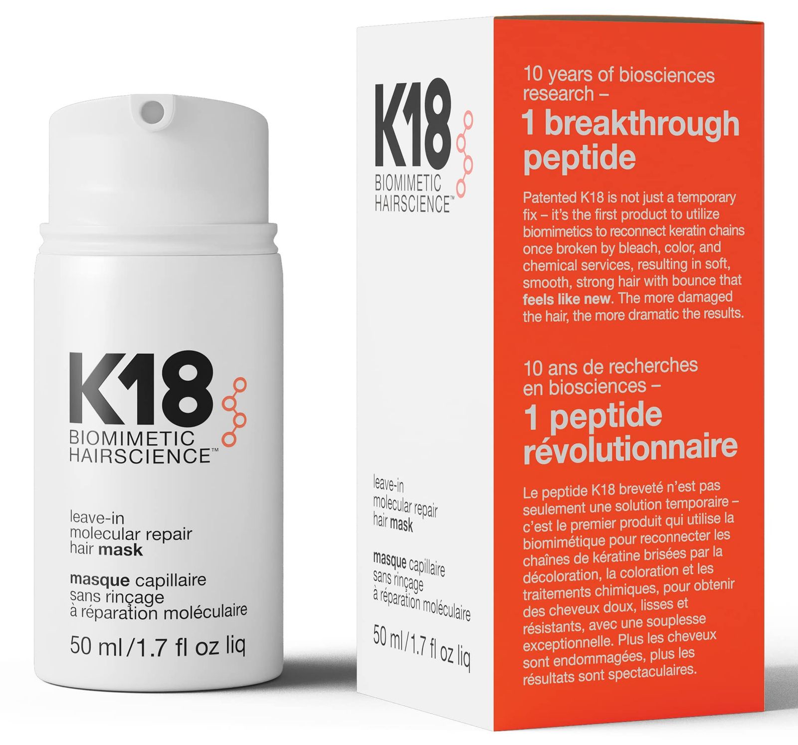 K18 ヘアマスク 洗い流さない 50ml バイオテクノロジーを駆使 リーブイン モレキュラー リペア 髪のダメージに K18Peptide Biomimetic Hairscience Leave-in molecular repair hair m