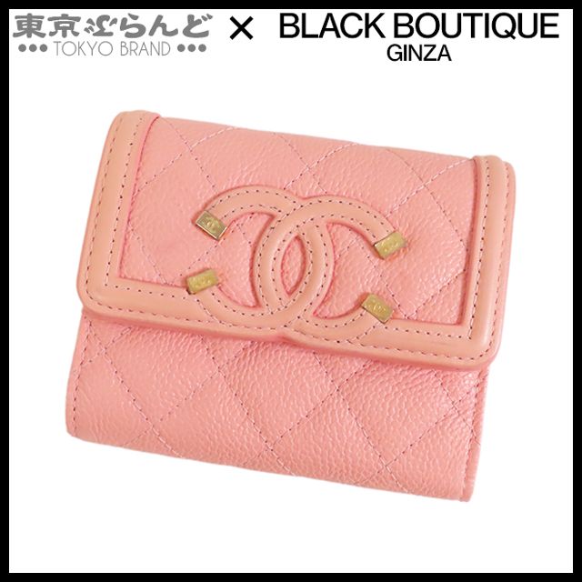 シャネル CHANEL コンパクトウォレット ピンク ゴールド金具 キャビアスキン CCフィリグリー ココマーク マトラッセ 27番台 三つ折り財布 レディース 101825947