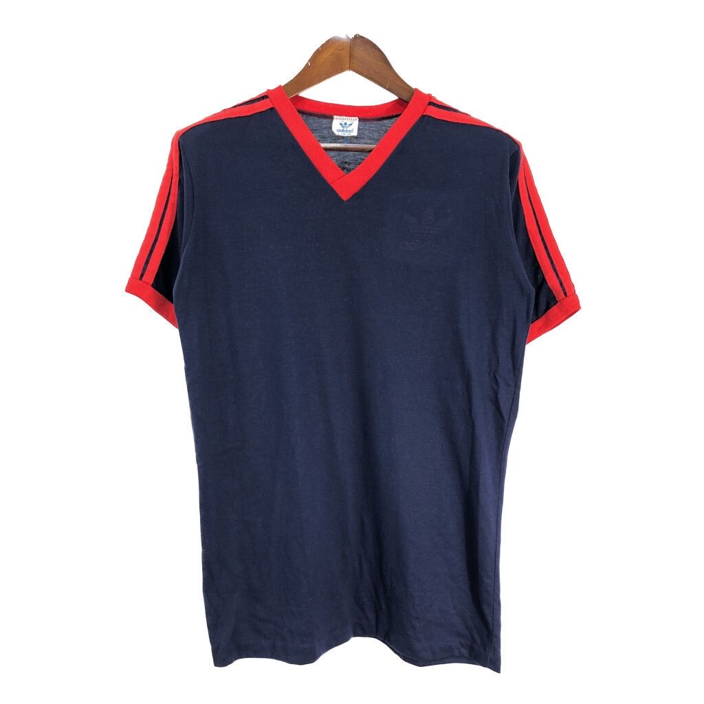 80年代 adidas アディダス ワンポイントロゴ Vネック リンガーＴシャツ ネイビー メンズ L 古着 U1225