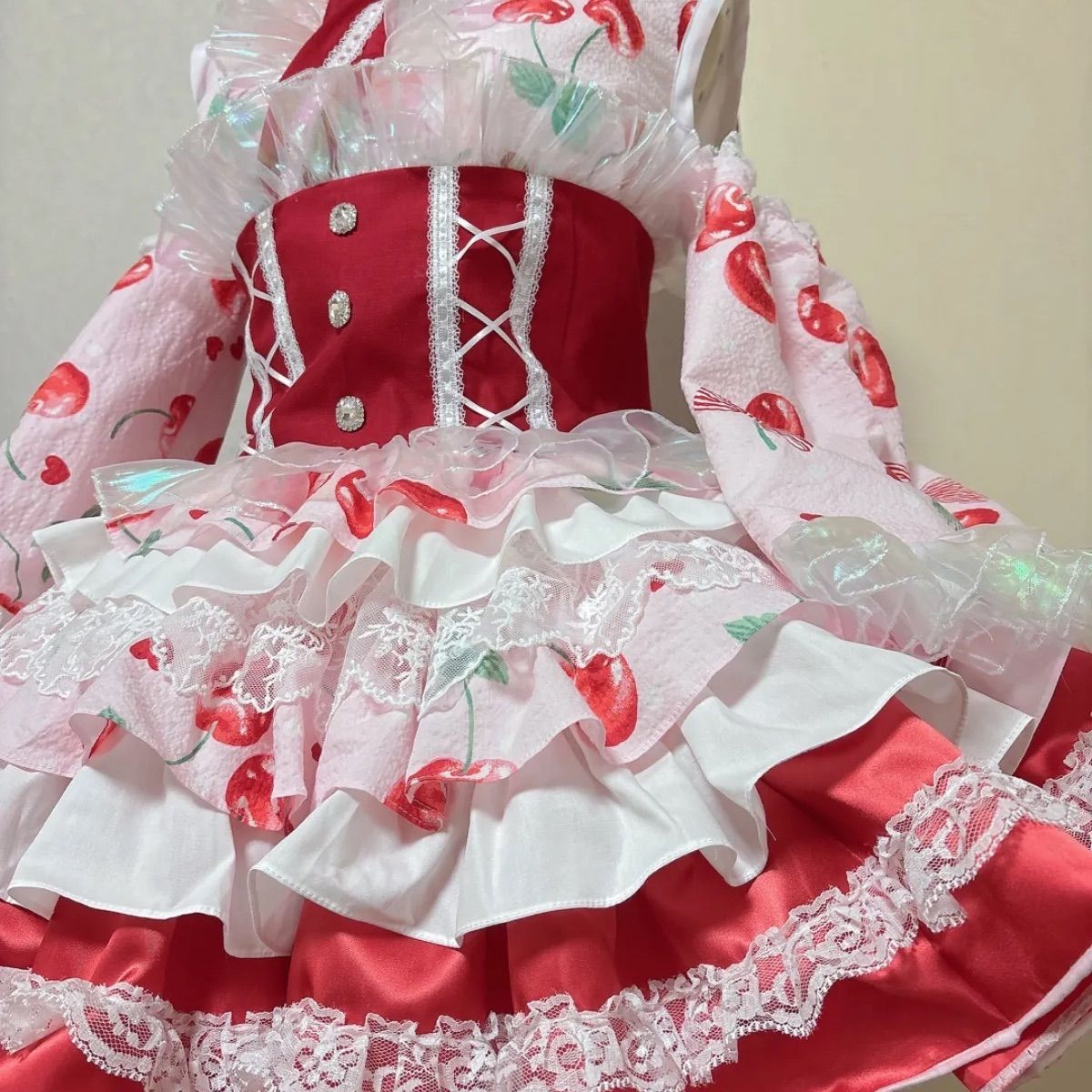アイドル衣装 コンカフェ衣装 浴衣風 ピンク 白 赤 アクセサリー付き