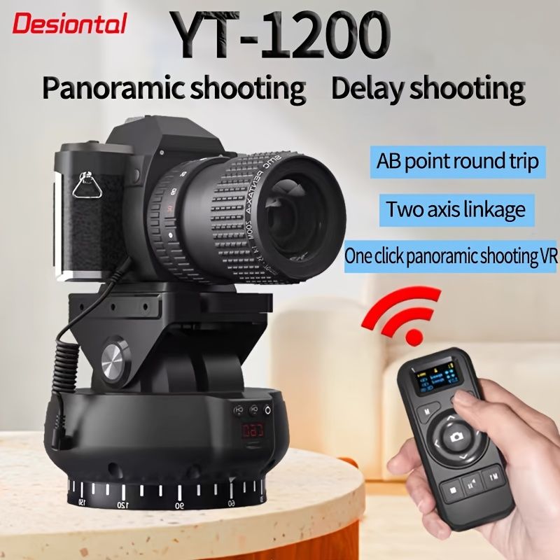 Desiontal YT-1200 パノラマ三脚ヘッド 360°水平＆35°垂直回転 充電式2000mAhバッテリー ワイヤレスリモコン USB充電 - カメラ スマートフォン 単眼カメラスタビライザー 翻訳ティルト 携帯電話カメラ ABポイント位置決め用