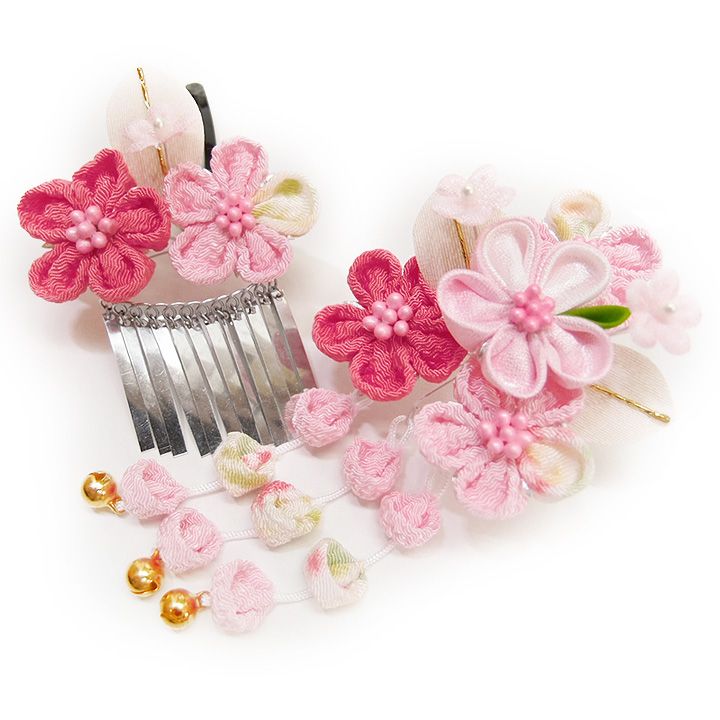 七五三 髪飾り 三歳 七歳 2個 セット パッチン留め かんざし 簪 つまみ細工 ちりめん 縮緬 びらびら お正月 お雛祭り 十三参り 浴衣 女児 女の子 子供 卒園 花 舞妓 W48 髪飾り No.361 ピンク a729