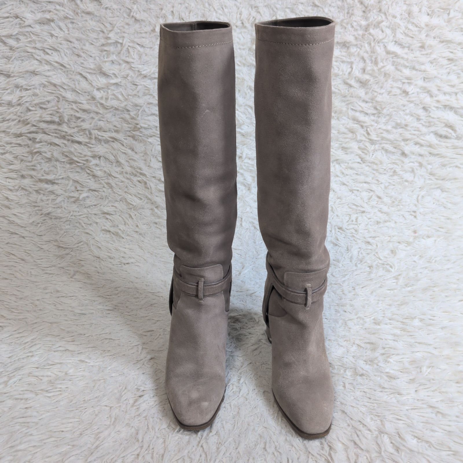 デザイン ️CHRISTIAN DIOR クリスチャンディオール ヴィンテージ ロングブーツ スウェード スエード ベルト CDロゴ ベージュ チャンキーヒール ラウンドトゥ 36 1|2 イタリア製 23.5相当